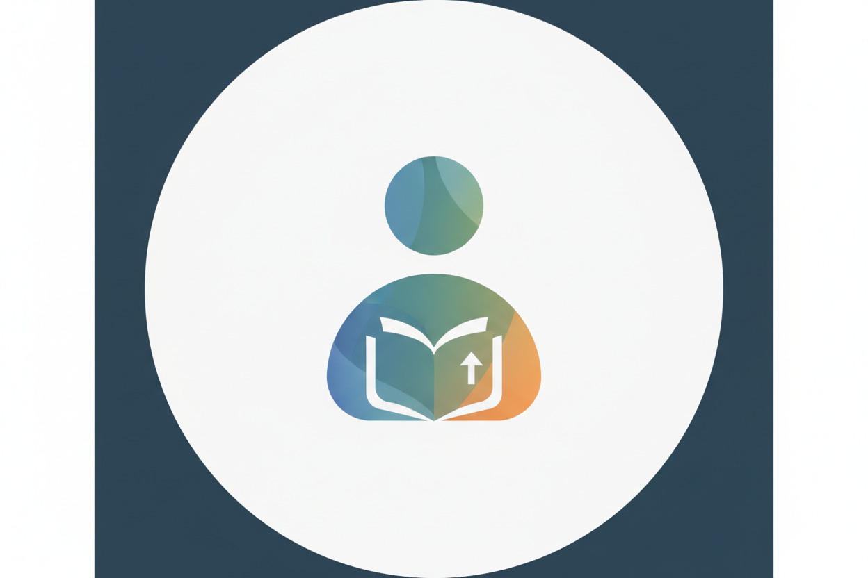 Ein buntes Icon zeigt eine menschliche Figur mit einem aufgeschlagenen Buch und einem Pfeil nach oben.